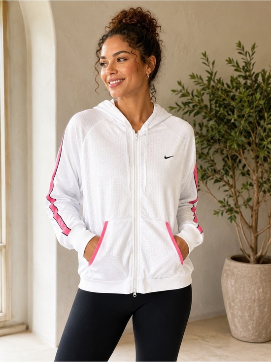 Nike Jackets & Blazers - Nike Dri-FIT White Pink Full Zip Hooded Jacket Medium Running Workout Hoodie